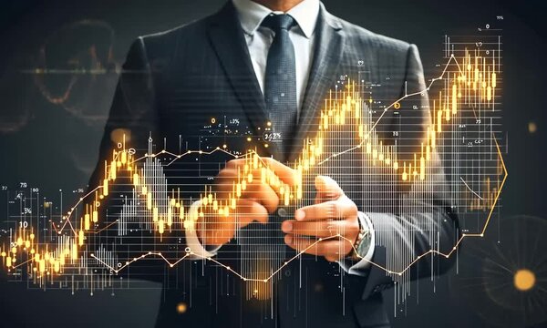 Stockbroker in Dark Suit Displaying Digital Charts and Financial Growth Analysis on Black Background for Stock Photo