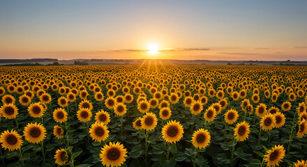 Fototapeta premium Picturesque Sunflower Field Under a Warm Sunset Glow