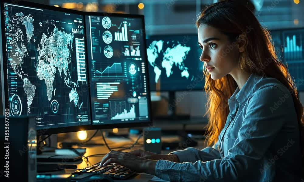 Poster woman analyzing data on multiple computer screens in dark office with graphs charts and world maps