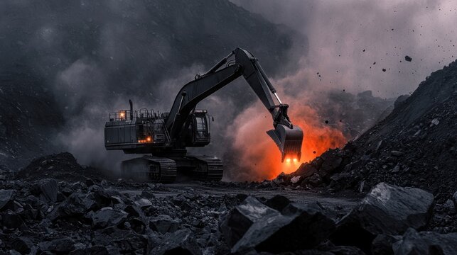 A large excavator breaking rocks in a stone quarry, dust rising as it digs deep into the rugged terrain.