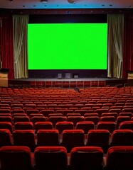 Fototapeta premium Modern Auditorium with Red Theater Chairs and a Massive Green Screen Backdrop 