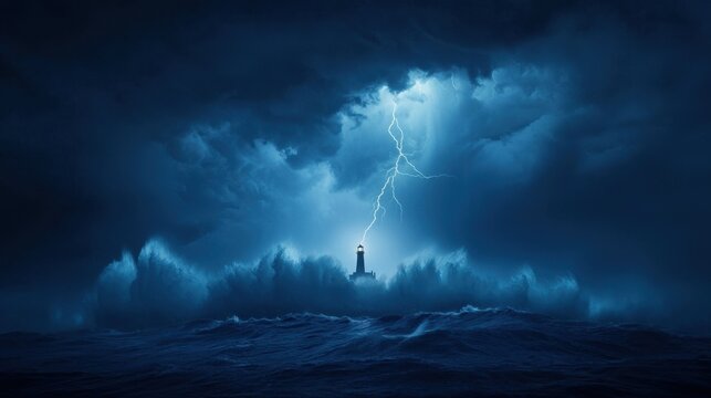 A lone lighthouse standing tall as massive waves crash against it, lightning illuminating the stormy sky.