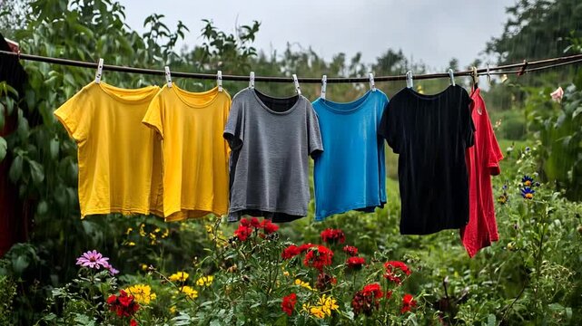 Colorful clothes drying on clothesline in garden