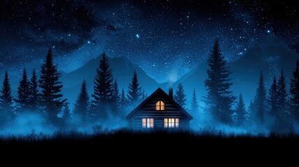 Fototapeta premium A lone wooden cabin glowing warmly amidst a dense foggy forest, tall trees shrouded in mist under a starry night sky.