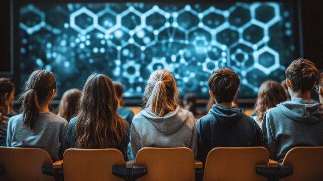 Futuristic chemistry fair classroom, students presenting innovative AI-generated chemical solutions in a competitive school event