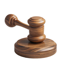 Realistic wooden gavel with polished wood grain and round base, detailed 3D render of a judicial hammer isolated on a transparent background