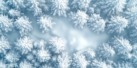 Overhead view captures frosted trees surrounded by serene open space