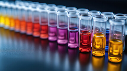 Laboratory glassware for chemistry, clean and organized flasks, graduated cylinders, and volumetric pipettes filled with colorful solutions