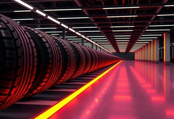 Fototapeta premium Rows of high-performance tires on a modern production line, warm LED lighting, clean background, clean, close-up