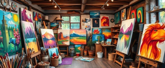 Rustic art studio brimming with vibrant paintings, paintbrushes, and canvases, palette, aged