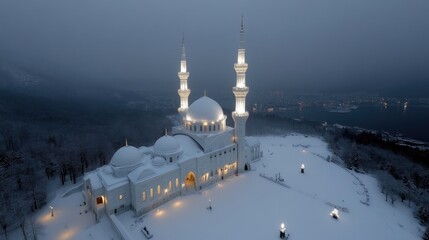 Snowy mosque at night, illuminated domes