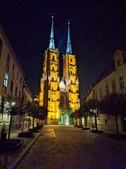 Naklejka premium Nighttime view of the Wroclaw Cathedral lit up in Poland