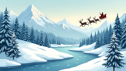 Fototapeta premium Winter Landscape with Fir Trees, Mountains, and Santa Claus in the Sky – Christmas Scene Illustration 