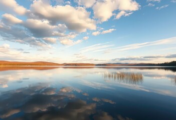 Fototapeta premium Serene lake reflecting a tranquil sky, stillness pervades, yoga, calm