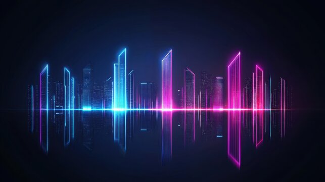 A vibrant futuristic cityscape with neon lights reflecting off tall skyscrapers under a clear night sky.