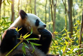 Obraz premium Serene panda peacefully eating bamboo in a sun-dappled forest clearing, bamboo forest, leaves