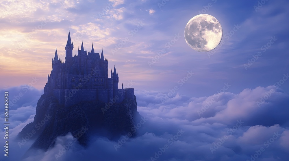 Poster a medieval castle floating on a sea of clouds, illuminated by the moon.