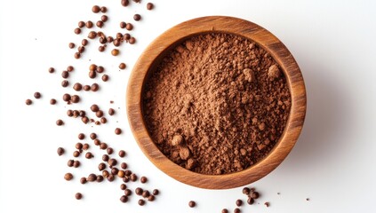 Dark Chocolate Powder in Wooden Bowl with Spices