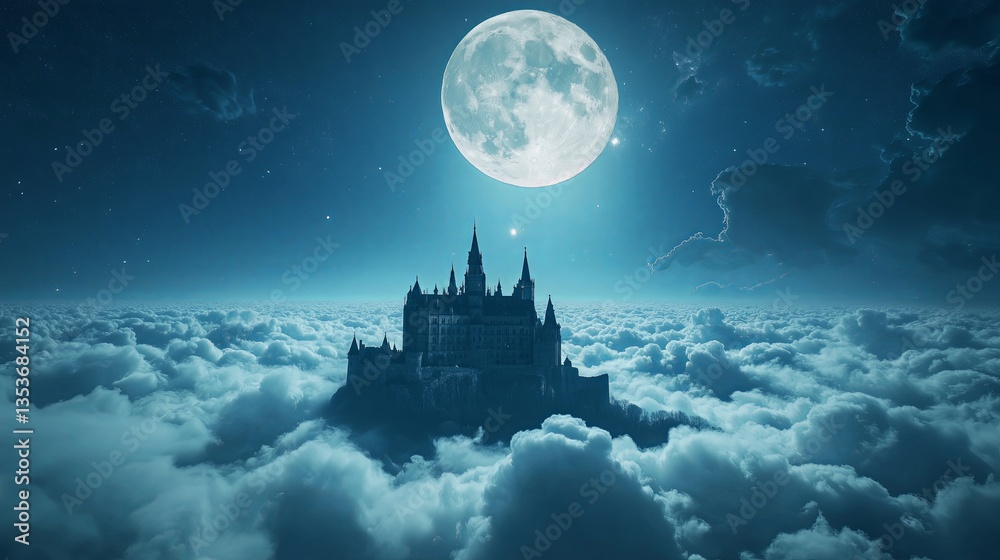 Poster a medieval castle floating on a sea of clouds, illuminated by the moon.