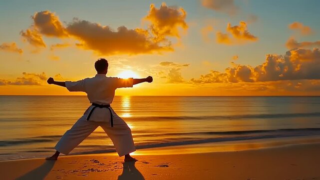 Karate practitioner performs a sunset kata on a tranquil beach with golden waves