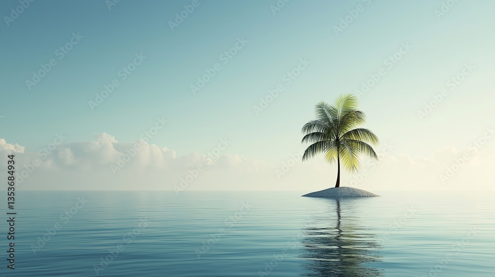 Poster A minimalist ocean scene with a lone palm tree on a tiny island
