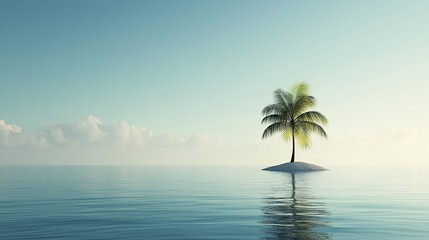 Fototapeta premium A minimalist ocean scene with a lone palm tree on a tiny island