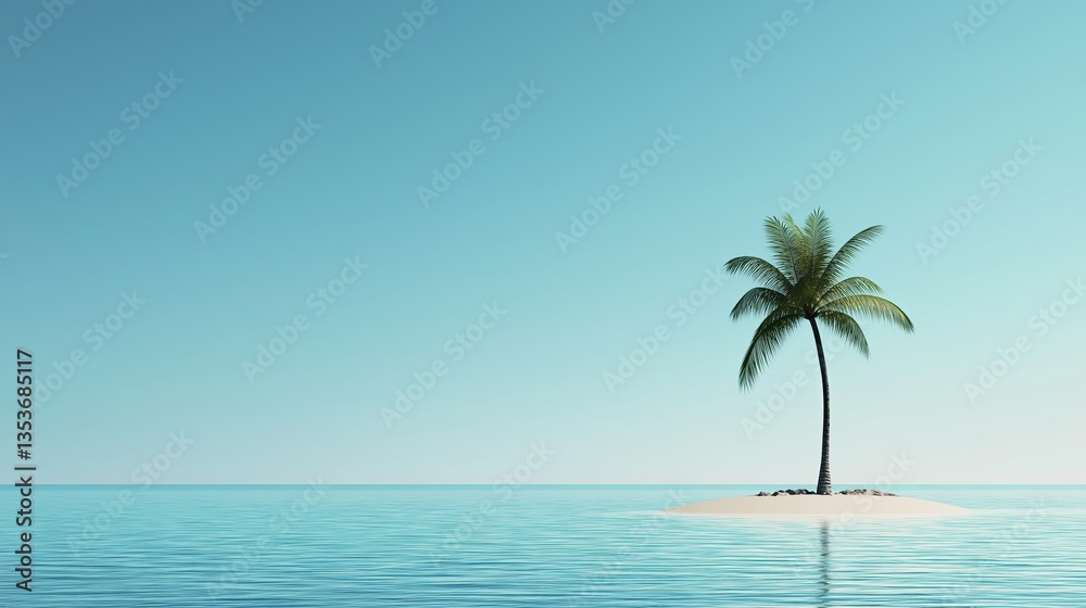 Poster A minimalist ocean scene with a lone palm tree on a tiny island