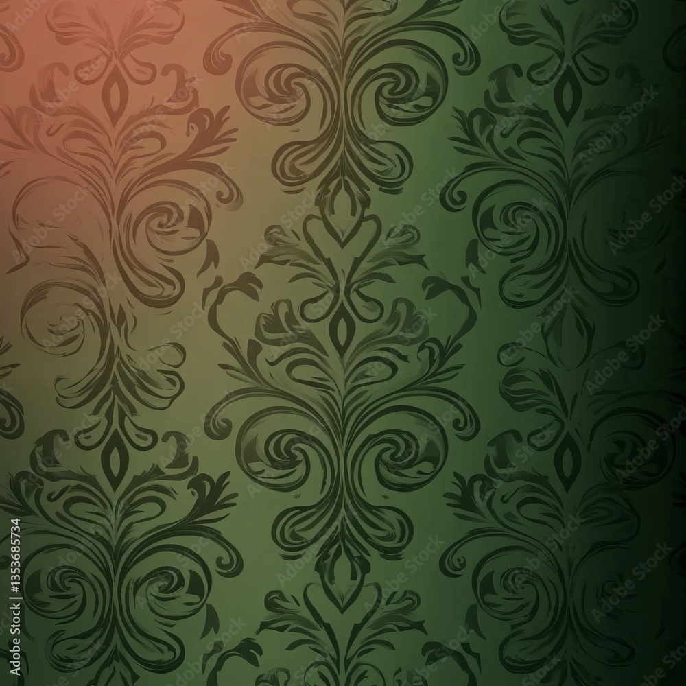 Poster intricate green abstract pattern with delicate swirling designs on a textured background illuminated