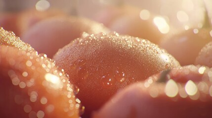 Close-up of fresh, dewy red tomatoes in sunlight.