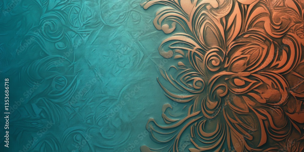 Poster intricate abstraction featuring swirling patterns and textures in a teal and copper color palette