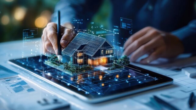 Close-up of a designer drawing a 3D house model on a digital tablet, working on architectural plans.