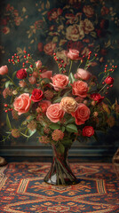 "Elegant Rose Bouquet in Vintage Vase on Ornate Tapestry"