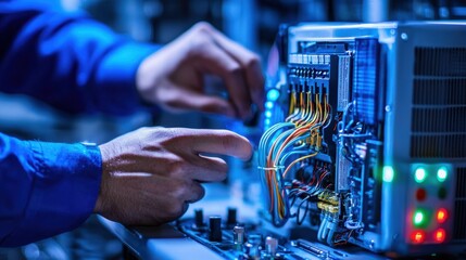 Close-up of hands adjusting air conditioner wiring, highlighting service and maintenance work.