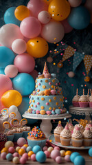 "Colorful Kids Birthday Party with Balloon Decor and Candy-Themed Cake"