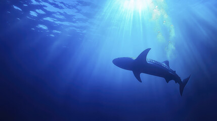 Obraz premium majestic shark gliding through deep blue ocean, illuminated by sunlight filtering from above, creates serene underwater scene