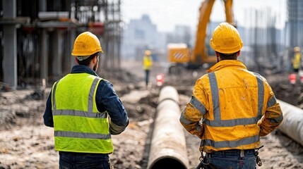 Engineers inspecting the newly laid sewage pipes at an urban construction site.