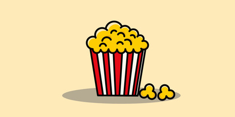 Playful and whimsical illustration of red-and-white striped pattern bucket filled with fluffy popcorn. Perfect for a food-themed design with minimal background.