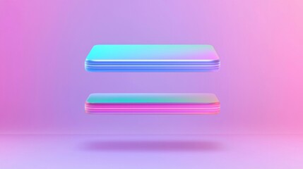 Fototapeta premium A 3D rendering of a stack of three identical rectangular objects in shades of blue and pink.