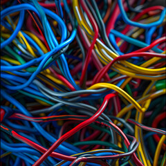 Intricate Network of Colorful Wires in Electronic Device Highlighting Connectivity and Complexity in Modern Technology
