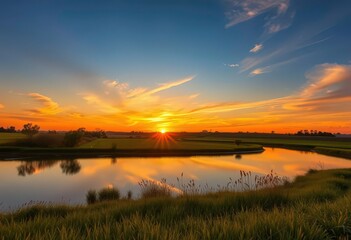 Sunset paints golden hues across a verdant field, a tranquil lake reflecting the vibrant sky, natural, rays