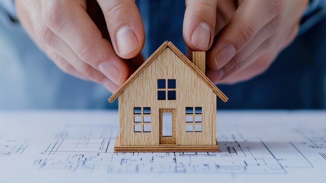 Hands placing a wooden house model on a technical blueprint, symbolizing future home building and investment. - Powered by Adobe