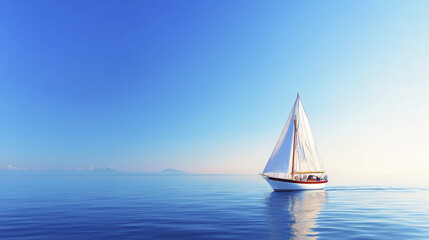 Obraz premium serene sailboat glides across calm waters under clear blue sky, evoking sense of tranquility and adventure