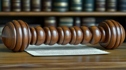 Gavel resting on legal document, on wooden table, behind bookshelves