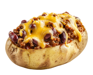 baked potato with chili con carne and cheese isolated on transparent background