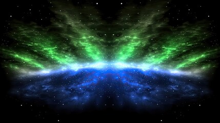 Obraz premium Cosmic Nebula Symmetry; vibrant green and blue nebulae mirrored in space. Potential stock photo use