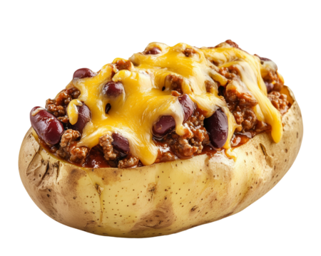 baked potato with chili con carne and cheese isolated on transparent background