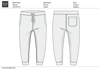 Fleece fabric Jogger Sweatpants overall technical fashion flat sketch vector illustration template front, back views. Apparel Clothing Design Mock up Cad.

