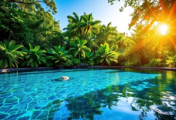 Tranquil pool, lush foliage, sun-dappled water, serene escape,  jungle, shadow