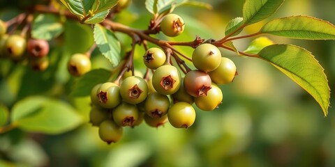 Unripe green berries on a branch sway gently in a breeze, farm,  windy
