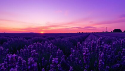 Vast lavender field, sunset sky ablaze purple, bloom, herb